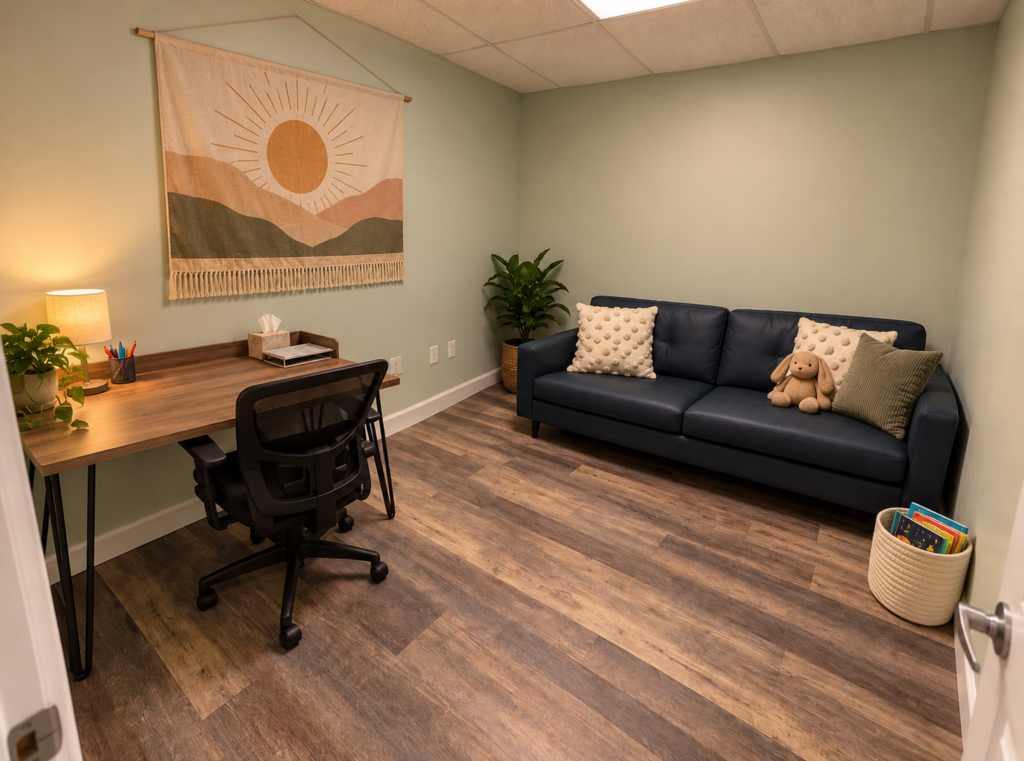 Holmdel therapy room with a sofa at New Start Psychological Care